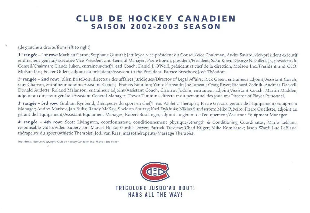 Оригинальная открытка Монреаль Канадиенс НХЛ Montreal Canadiens NHL 2002-2003. 1