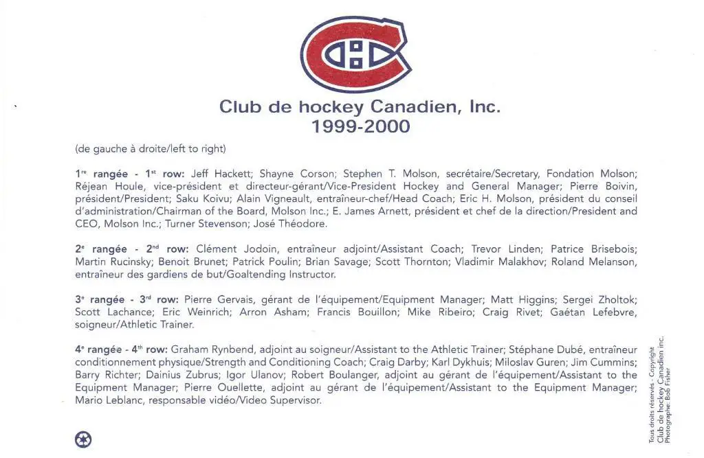 Оригинальная открытка Монреаль Канадиенс НХЛMontreal Canadiens NHL 1999-2000. 1