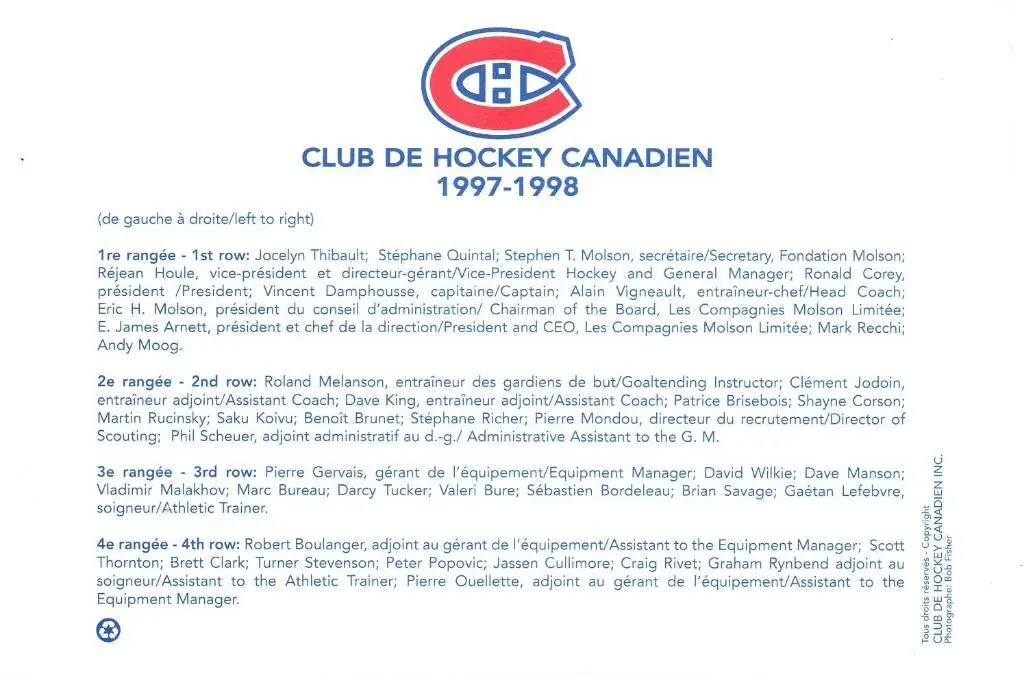 Оригинальная открытка Монреаль Канадиенс НХЛMontreal Canadiens NHL 1997-1998. 1