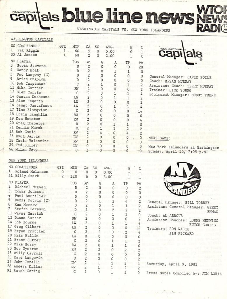 Кубкок Стэнли 1983.НХЛ.Вашингтон Кэпиталз - Нью-Йорк Айлендерс + билет 9.04.1983 2