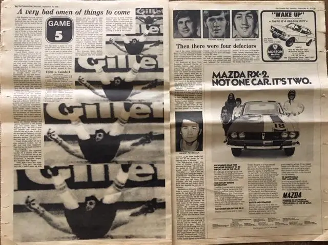 КАНАДА - СССР 1972. ГазетаToronto Sun 30 сентября 1972 года. Полый отчет.