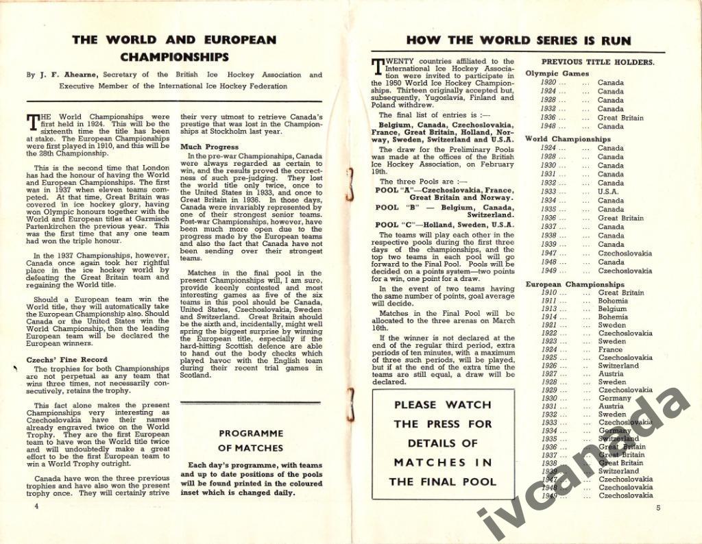 Хоккей.Чемпионат мира и Европы. 13-22 марта 1950 года. Группы. Великобритания В1 1