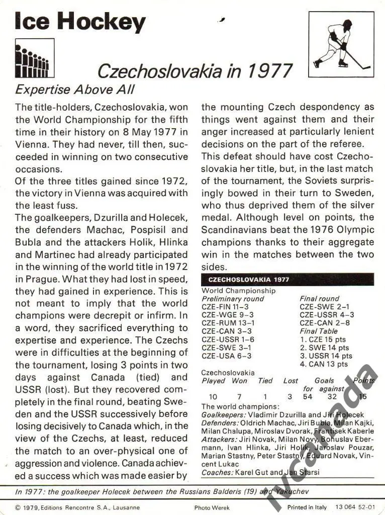 Сборная Чехословакии чемпиона мира по хоккею 1977 года. 1