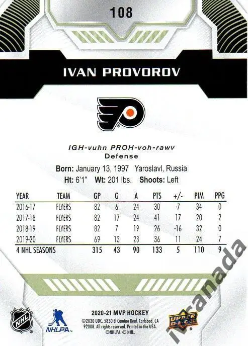Иван Проворов Филадельфия Флайерз НХЛ Philadelphia Flyers «MVP HOCKEY» 2020-2021 1