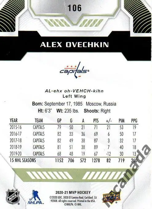 Александр Овечкин Вашингтон НХЛ Washington Capitals «MVP HOCKEY» 2020-2021 №106 1