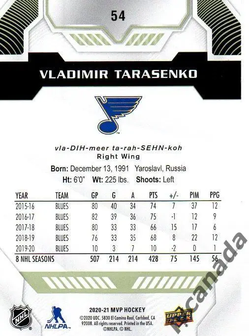 Владимир Тарасенко Сент-Луис Блюз НХЛ St. Louis Blues «MVP HOCKEY»2020-2021 №54 1