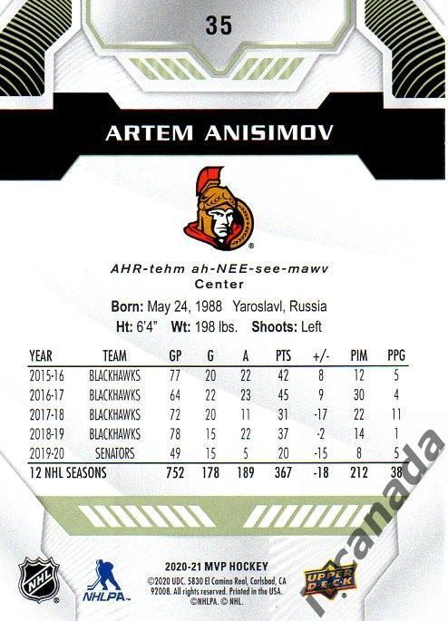 Артем Анисимов Оттава Сенаторз НХЛ Ottawa Senators «MVP HOCKEY» 2020-2021 №12 1