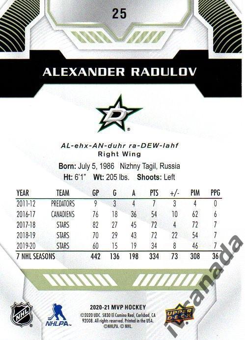 Александр Радулов Даллас Старз НХЛ Dallas Stars «MVP HOCKEY»2020-2021 №25 1