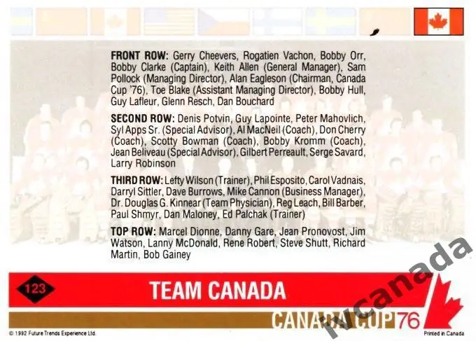 карточка сборная Канада TEAM CANADA командное фото CANADA CUP 1976 1