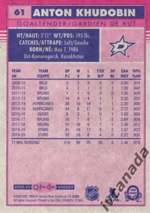 Антон Худобин Anton Khudobin Даллас Старз НХЛ Dallas Stars «O-Pee-Chee»2020-2021 1