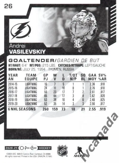 Андрей Василевский Тампа-Бэй Лайтнинг НХЛ Tampa Bay Lightning 2020-2021 1