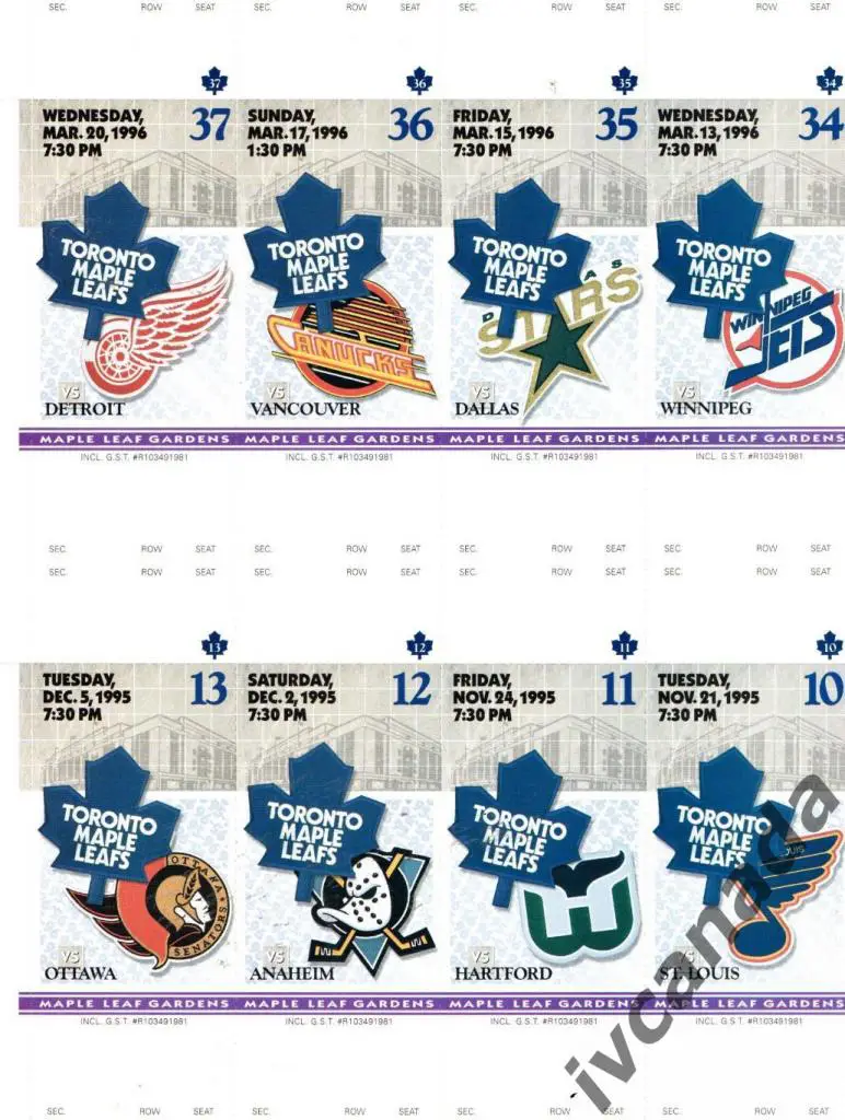 НХЛ. 8 билетов с домашних игр Торонто Мейпл Ливс сезона 1995-1996 года. NHL.