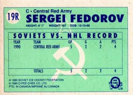 Карточка Сергей Федоров 19R к серии ЦСКА Москва - клубы НХЛ 1989-90 г. Канада 1