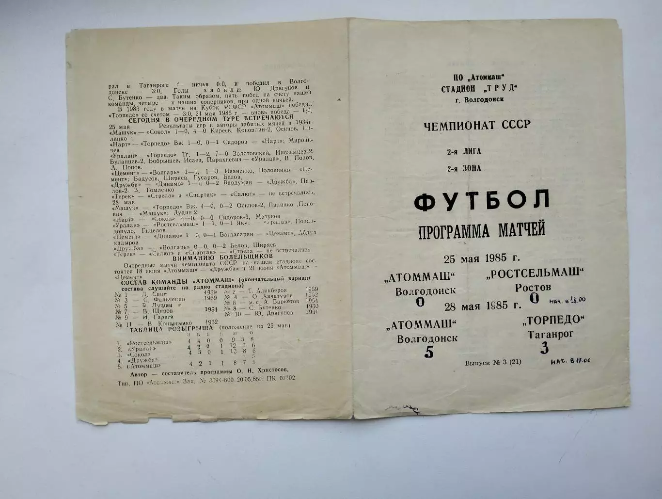 Атоммаш Волгодонск - Ростсельмаш Ростов, Торпедо Таганрог 1985
