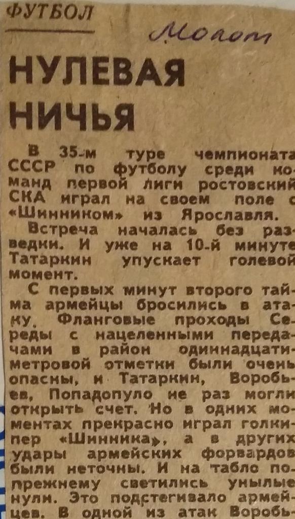 Отчет СКА - Ростов Шинник Ярославль 1988