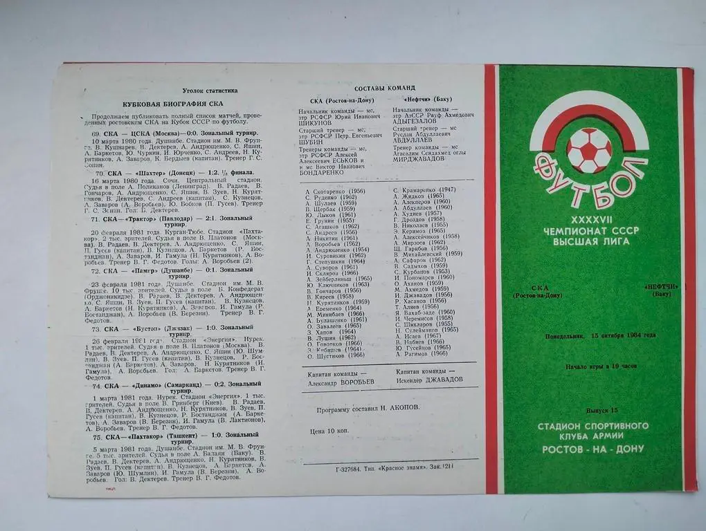 СКА Ростов - Нефтчи Баку 1984