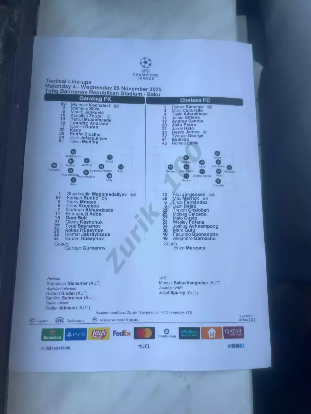 Карабах Агдам Азербайджан - Челси Лондон Англия Лига чемпионов 05.11.2025
