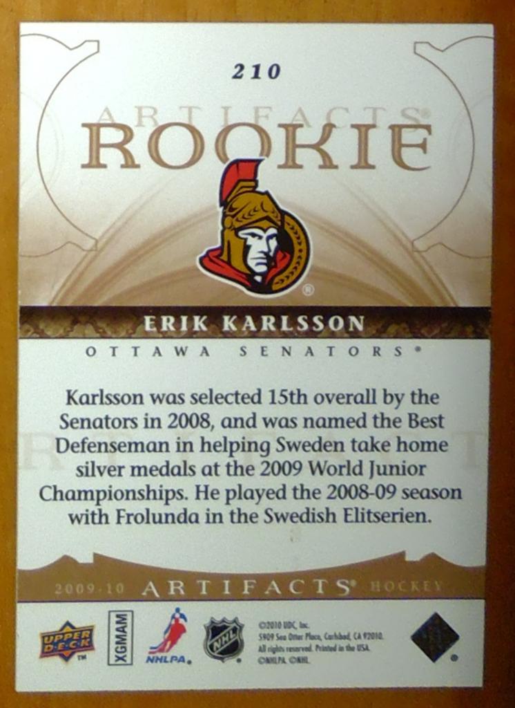 Карточка NHL 2009-10 ARTIFACTS ROOKIE #210 ERIK KARLSSON 1