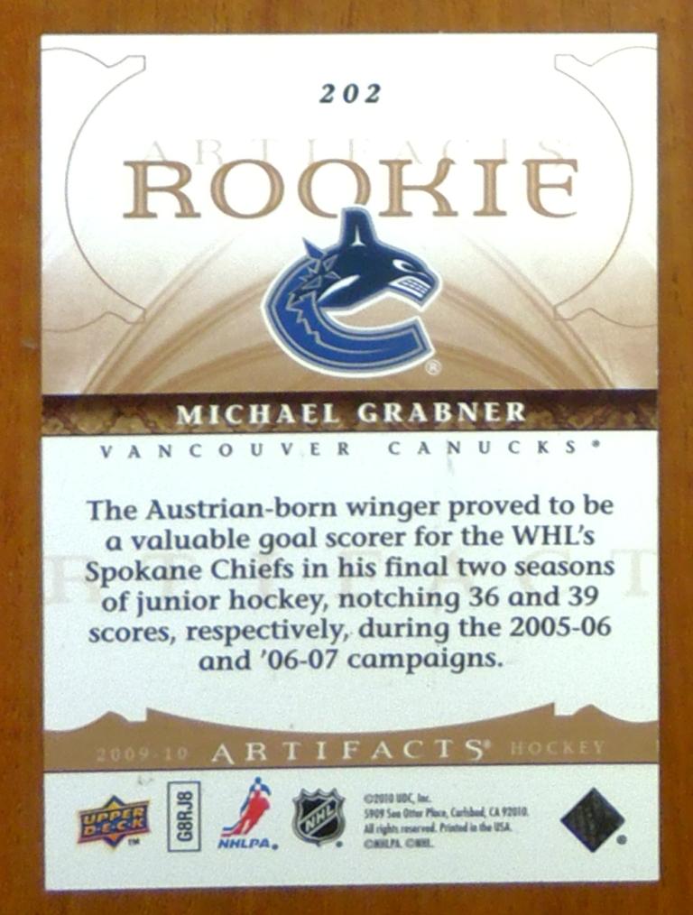 Карточка NHL 2009-10 ARTIFACTS ROOKIE #202 MICHAEL GRABNER 1