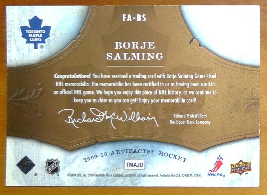 Карточка NHL 2009-10 ARTIFACTS FROZEN ARTIFACTS FA-BS BORJE SALMING 1
