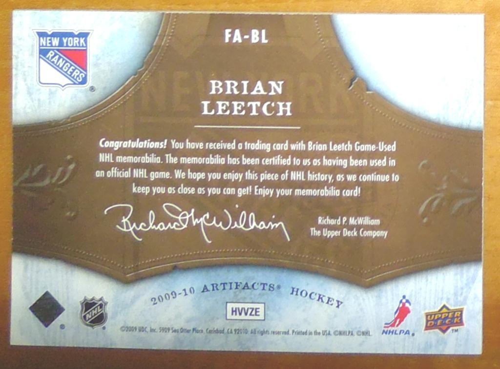 Карточка NHL 2009-10 ARTIFACTS FROZEN ARTIFACTS FA-BL BRIAN LEETCH 1