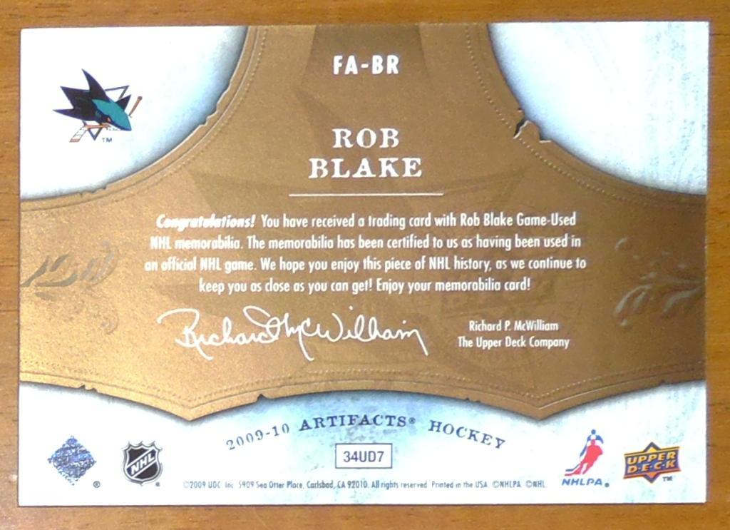 Карточка NHL 2009-10 ARTIFACTS FROZEN ARTIFACTS FA-BR ROB BLAKE 1