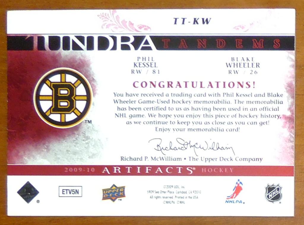 Карточка NHL 2009-10 ARTIFACTS TUNDRA TANDEMS RED TT-KW PHILL KESSEL- BLAKE WHEL 1