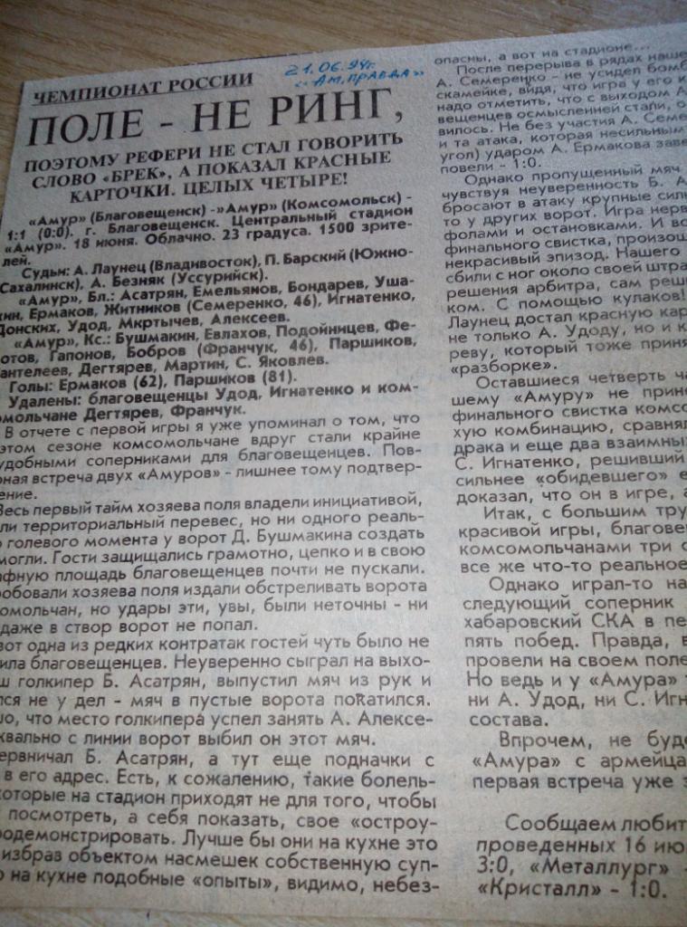 Отчёт Амур Благовещенск - Амур Комсомольск-на-Амуре - 18.06.1994