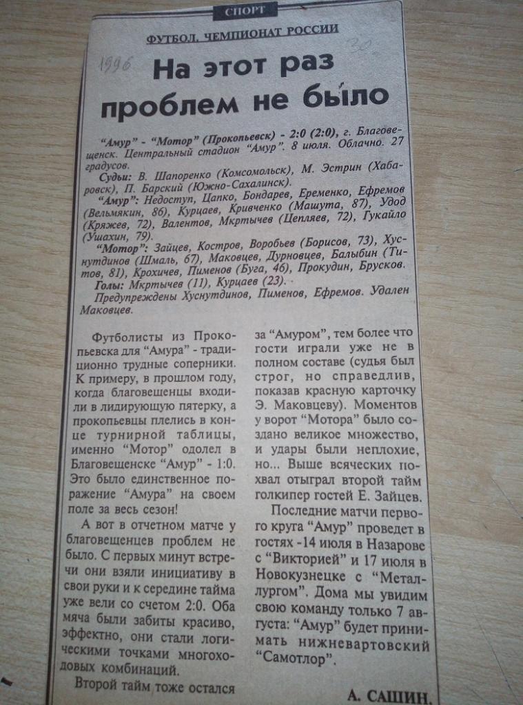Отчёт Амур Благовещенск - Мотор Прокопьевск - 08.07.1996