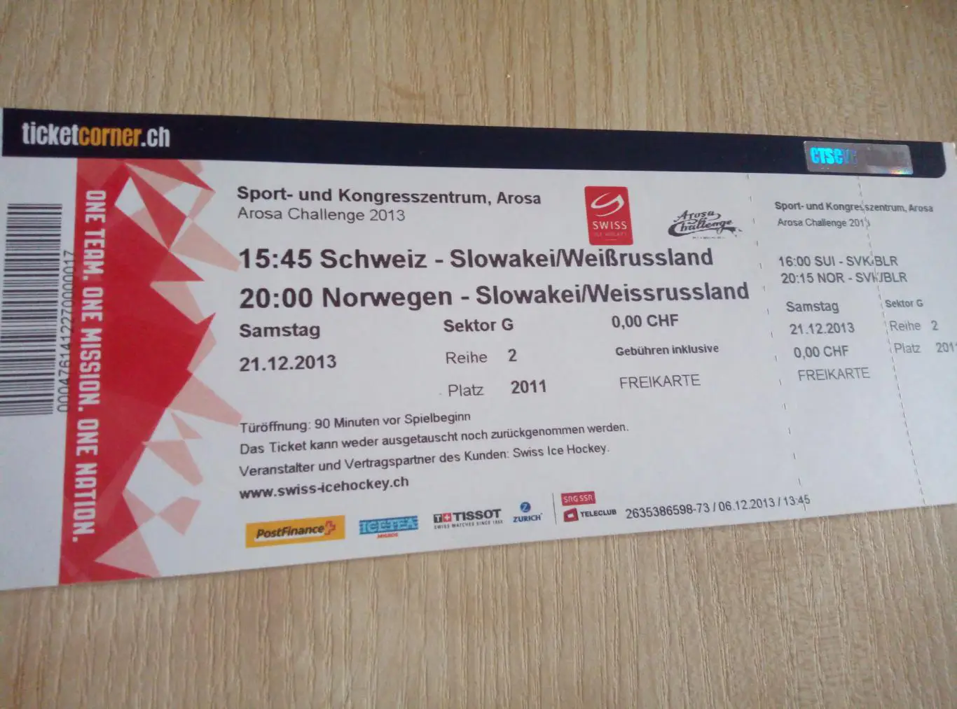 Билет Швейцария - Словакия +Беларусь и Норвегия - Словакия + Беларусь-21.12.2013