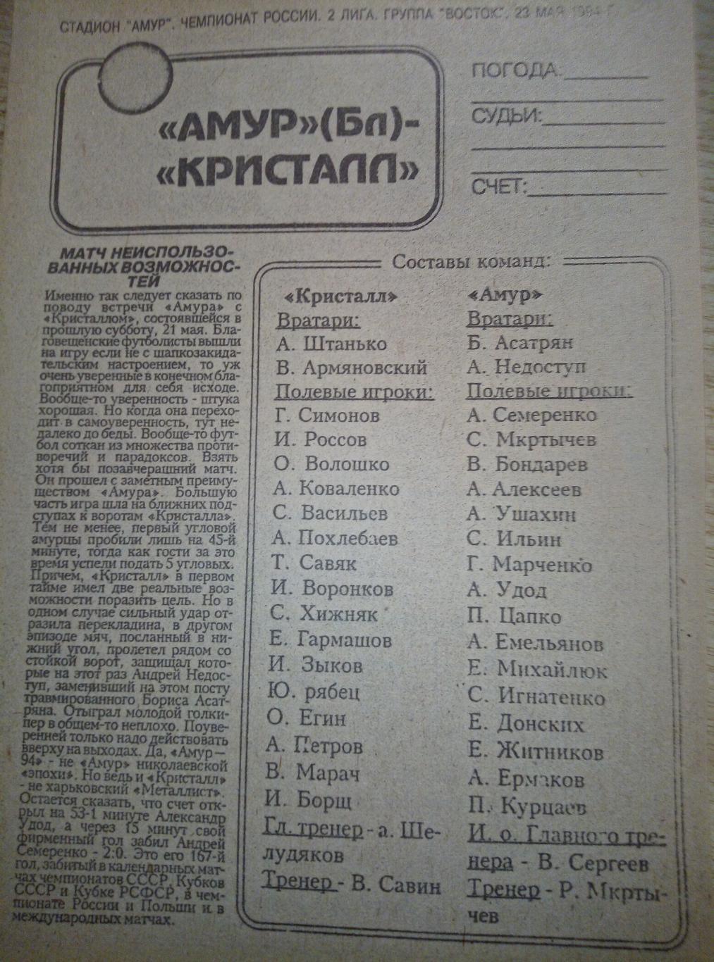 Амур Благовещенск - Кристалл Нерюнгри- 23.05.1994 (оригинал)