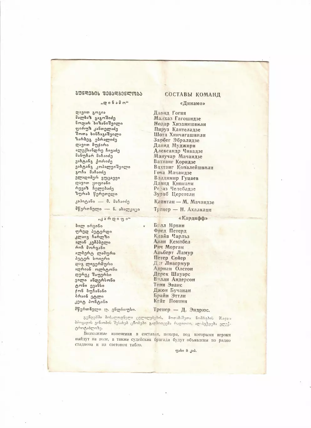 Динамо Тбилиси - Кардифф Сити Уэльс 1976 1