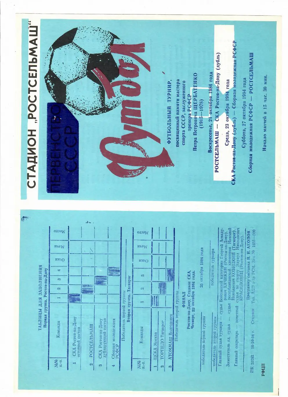 Турнир П.П.Щербатенко 1984 Ростсельмаш,СКА Ростов,Сборная РСФСР(молодежная),ЦСКА