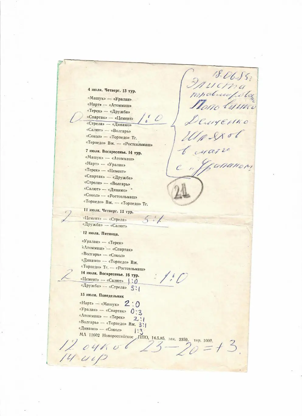 Цемент Новороссийск 1985 календарь игр 1