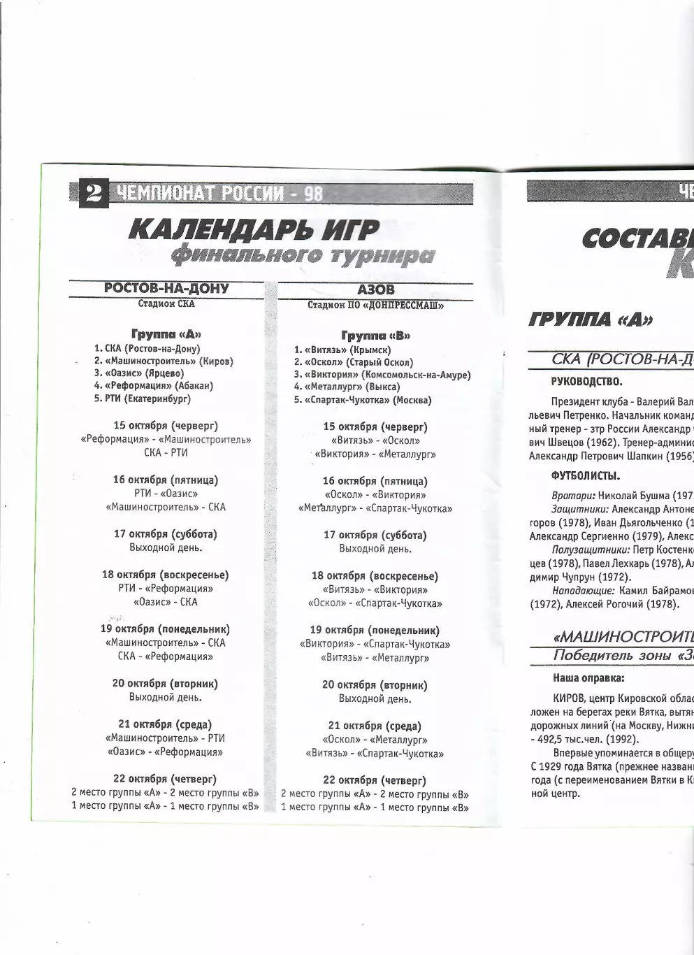 Финальный турнир чемпионата России по футболу 1998 Ростов-на-Дону 1