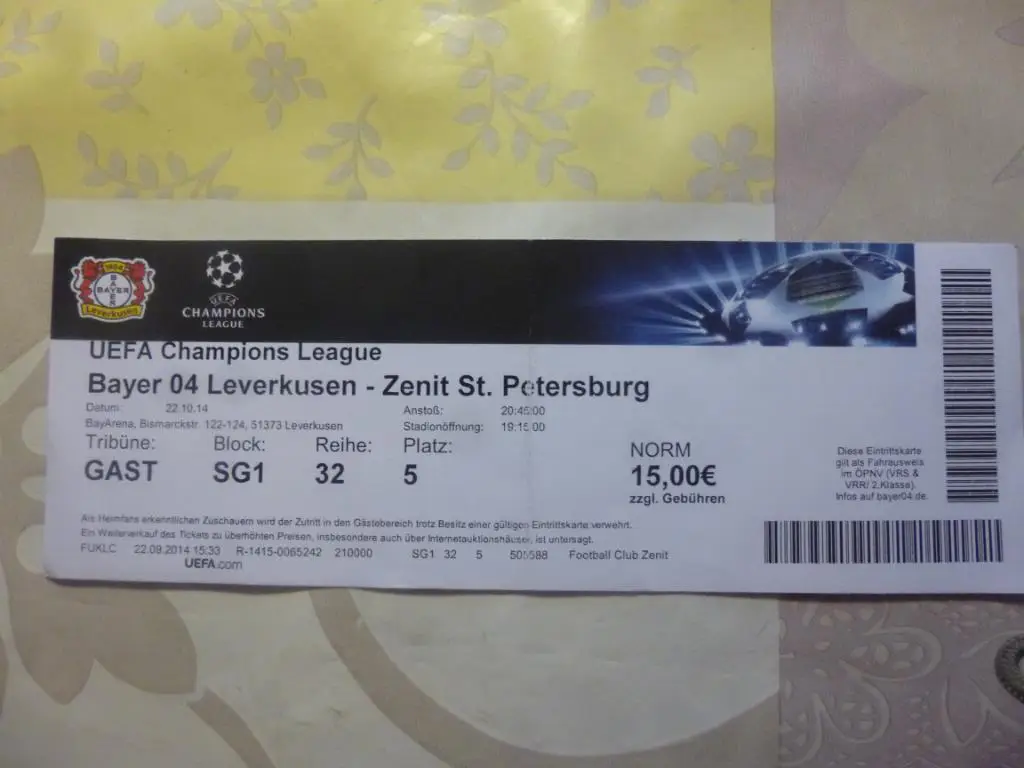 билет Байер Леверкузен Германия - Зенит 22.10.2014 ЛЧ*