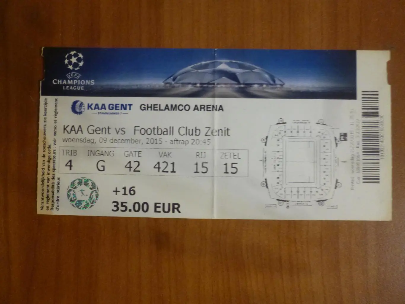 билет Гент - Зенит ЛЧ 09.12.2015