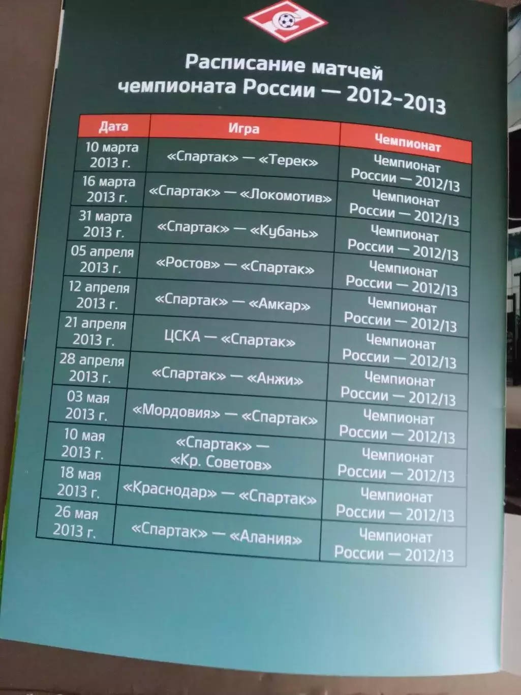 Спартак Москва KIA буклет на весеннюю часть чемпионата 2012-13 2