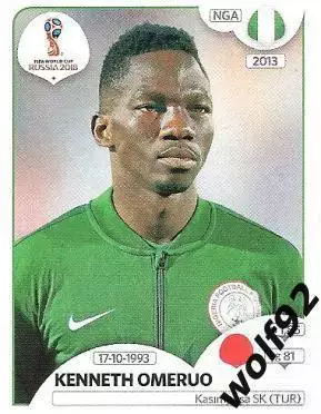 Наклейка №339 Kenneth Omeruo / Nigeria / Panini / ЧМ 2018