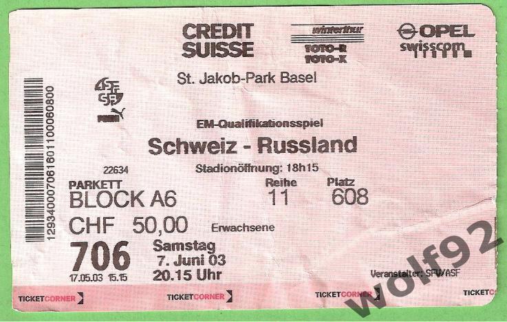 Швейцария - Россия ЧЕ 2004 (отб.) 7.06.2003
