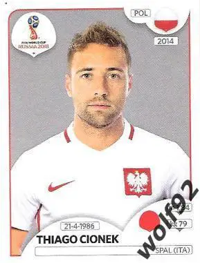Наклейка №599 Thiago Cionek / Poland / Panini / ЧМ 2018