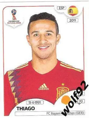 Наклейка №142 Thiago / Spain / Panini / ЧМ 2018