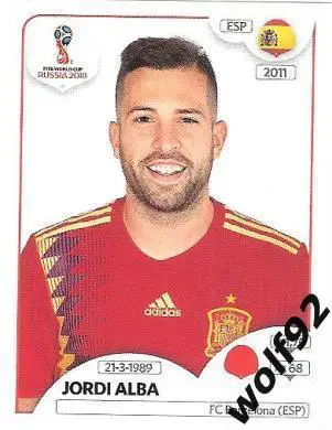 Наклейка №135 Jordi Alba / Spain / Panini / ЧМ 2018