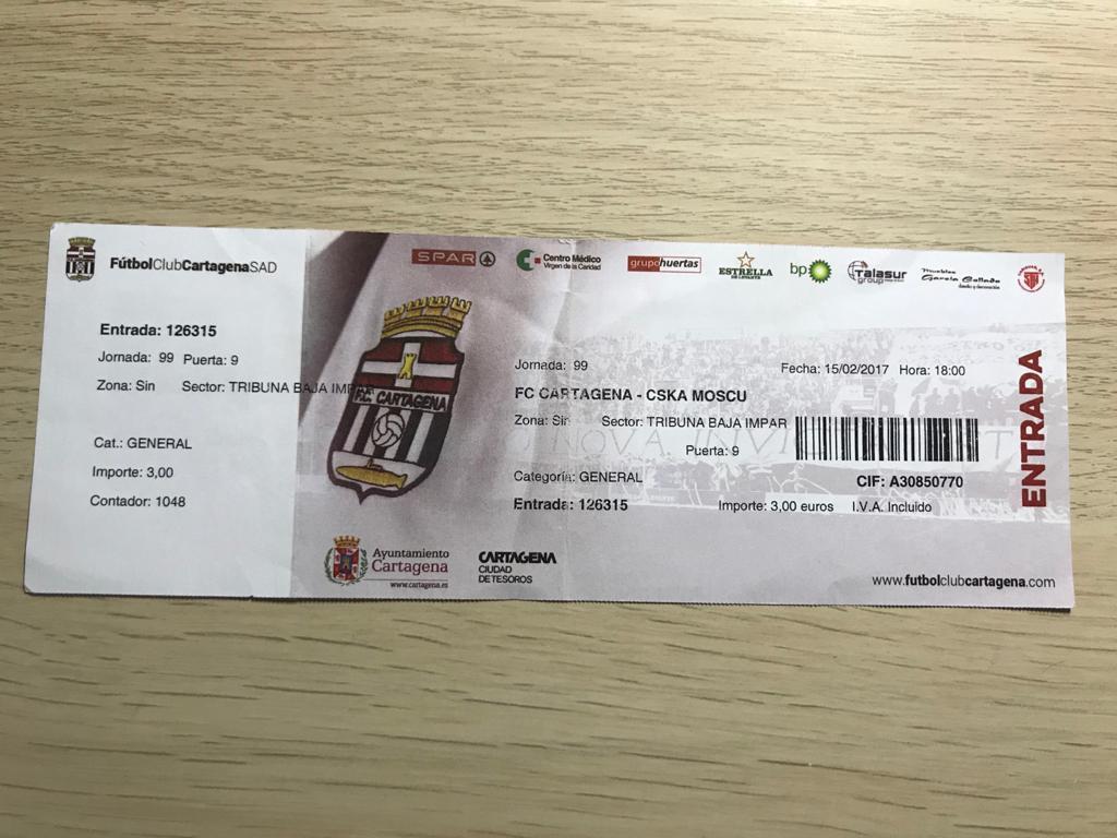 CARTAGENA CSKA MOSCU 15/02/2017 friendly football match ticket