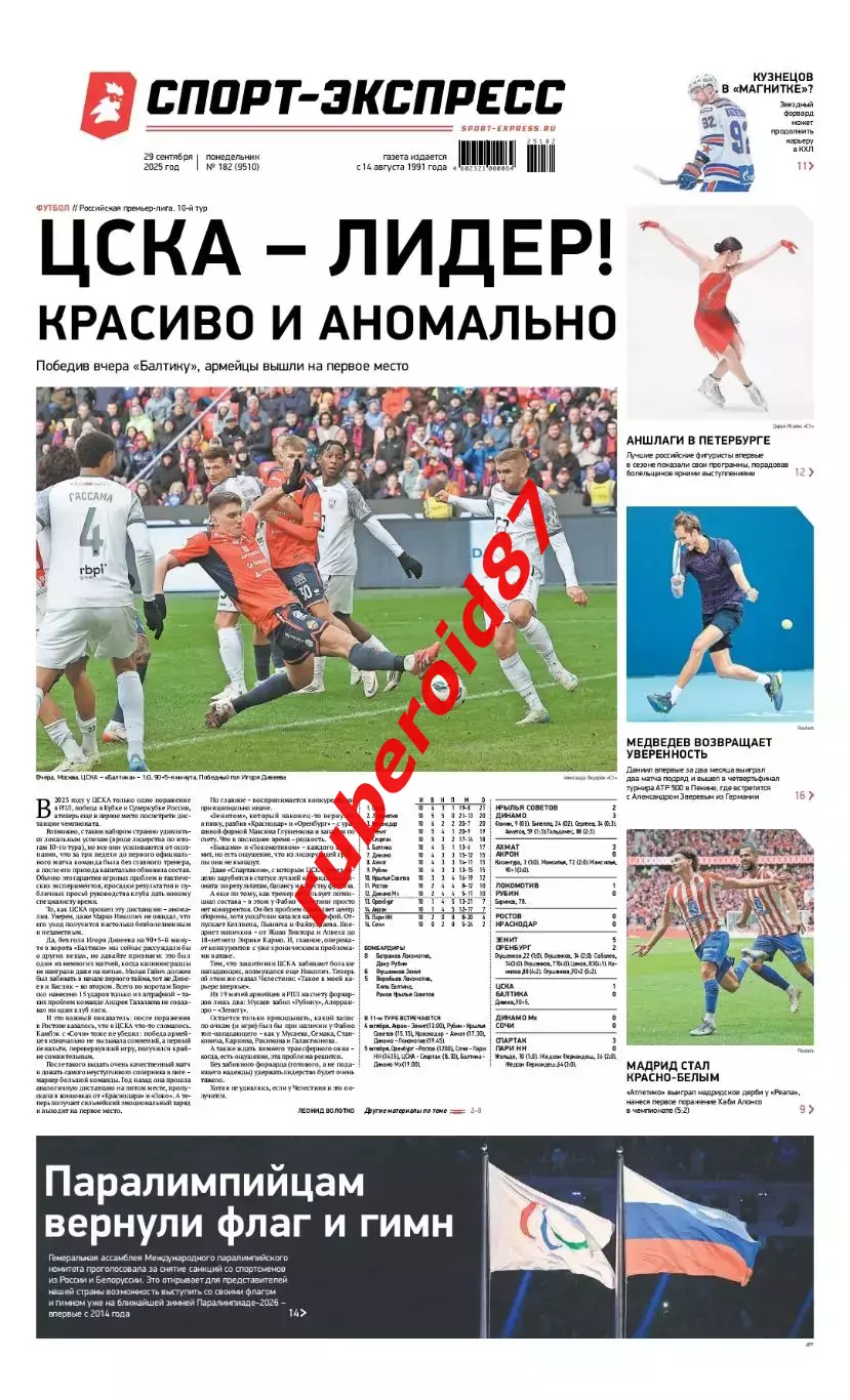 Спорт-экспресс 29.09.2025 РПЛ Спартак-Пари НН / ЦСКА-Балтика / Атлетико-Реал