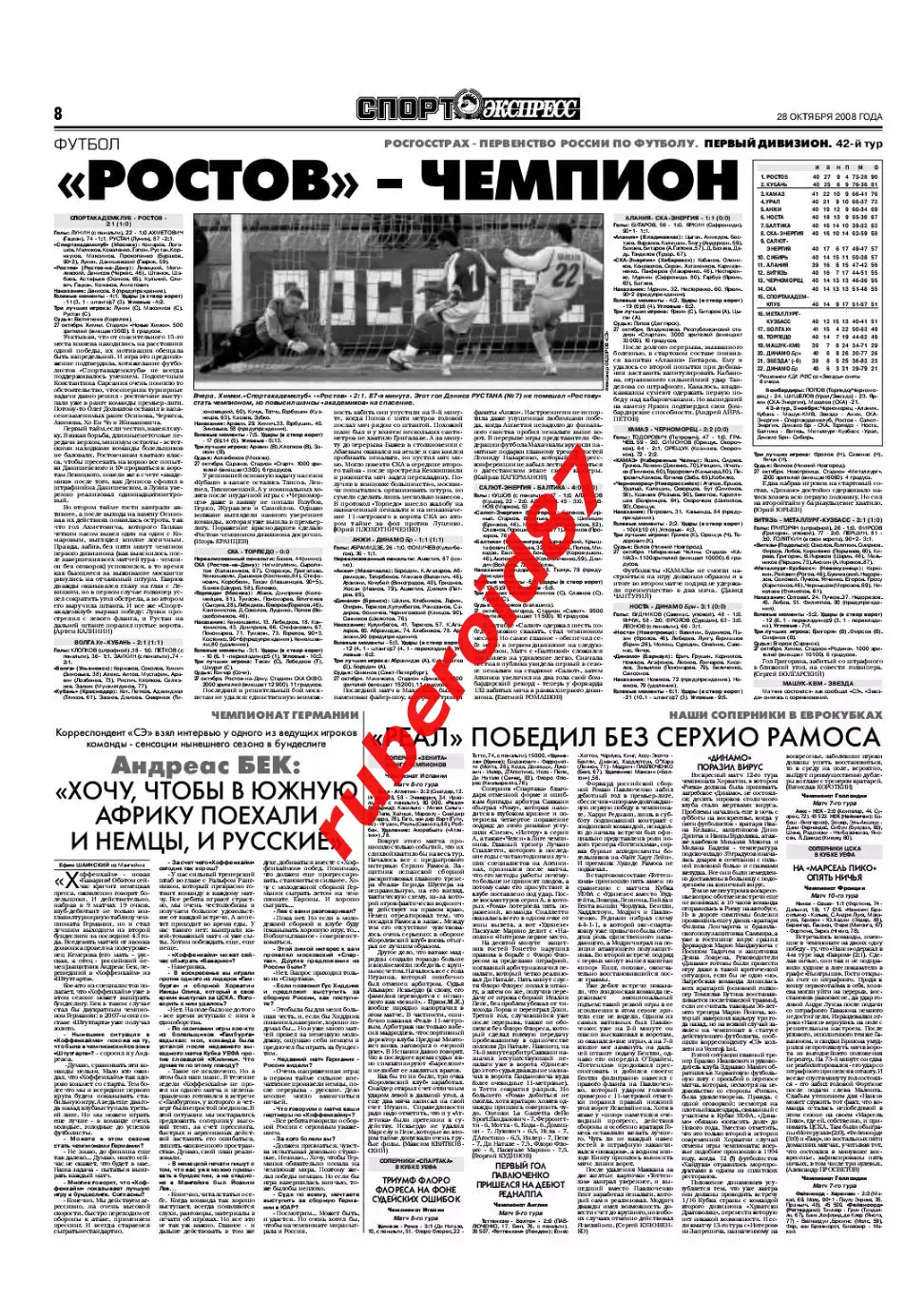 Спорт-экспресс 28.10.2008 Ростов - чемпион Первой лиги / Динамо / ФК Москва 1