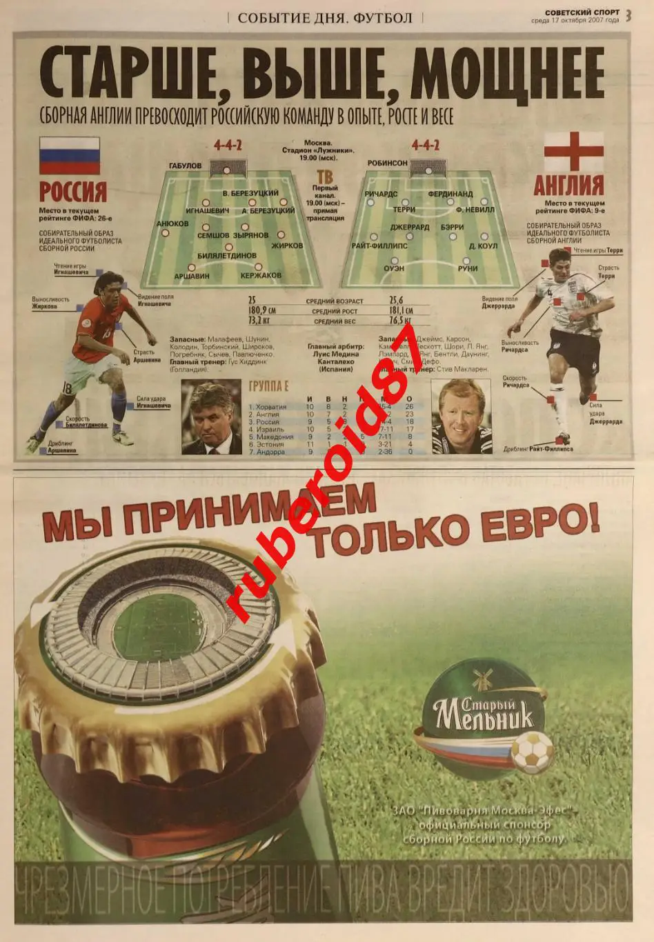 Советский спорт 17.10.2007 / Евро-2008 Россия-Англия / постер Черенков 1