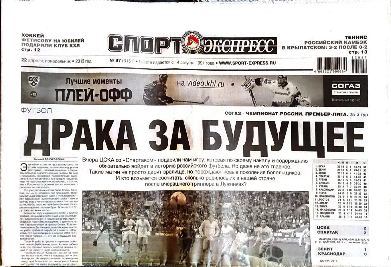 Спорт-экспресс 22.04.2013 ЦСКА-Спартак Зенит-Краснодар