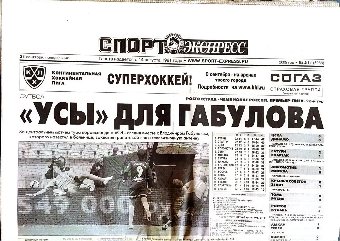 Спорт-экспресс 21.09.2009 ЦСКА-Динамо Сатурн-Спартак