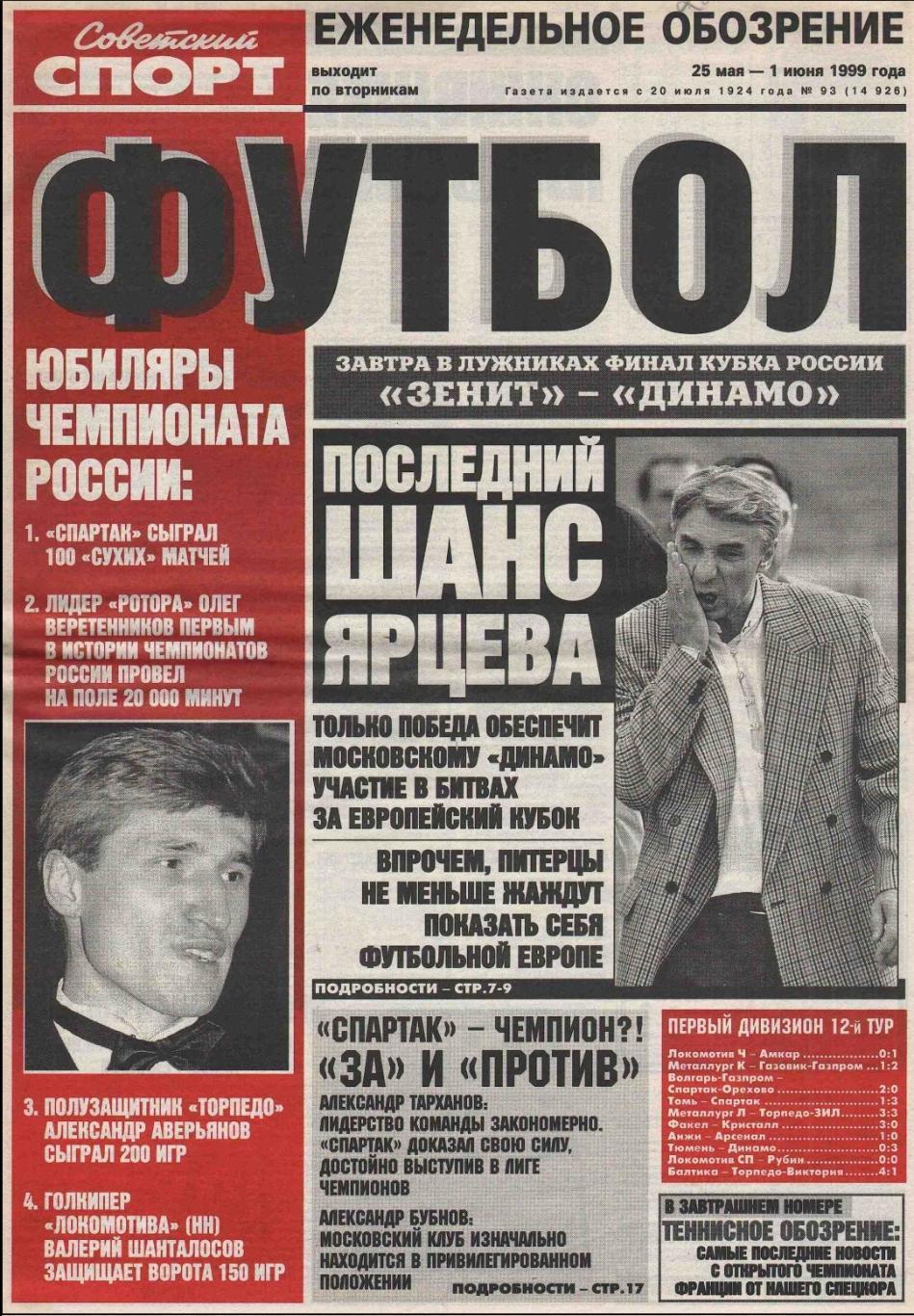 Советский спорт Футбол 24.05-01.07.1999 Финал Зенит-Динамо Спартак-Ростсельмаш